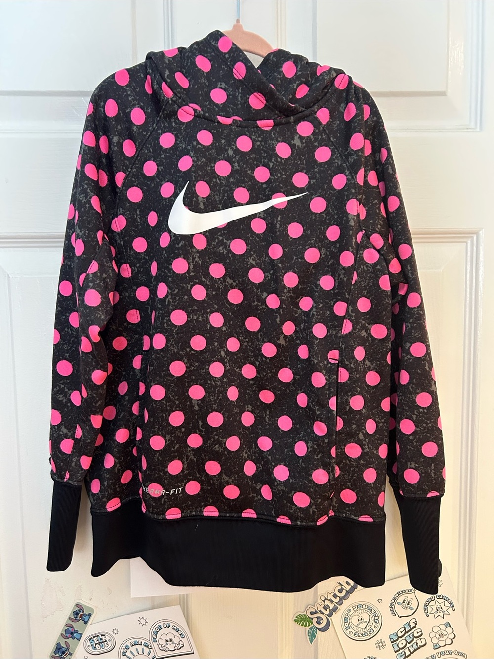 Nike Black Hoodie with Hot Pink Polka Dots and White Swoosh